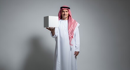 Arab Man Holding a White Cube Against a Grey Background