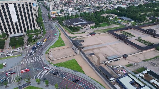 Aerial View downtown Gwanghwamun Gate, Gyeongbokgung Palace seoul seen from the sky