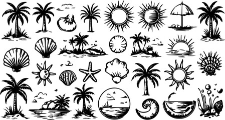 Silhouettes include palm trees, suns, seashells, and ocean views.