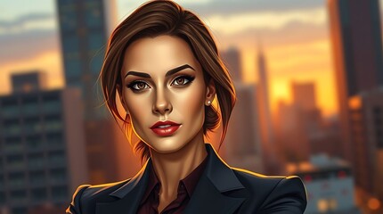 A digital painting of a confident businesswoman in a power suit, depicted in a photorealistic style with meticulous details in her sharp features and expressive eyes, emphasizing her strong posture