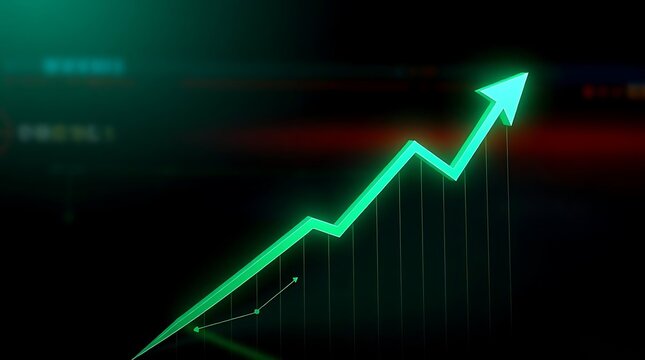 A digital rendering of a financial graph trending upwards, showcasing a vibrant green line against a dark background, using a futuristic, sleek design style with sharp angles, clear data points