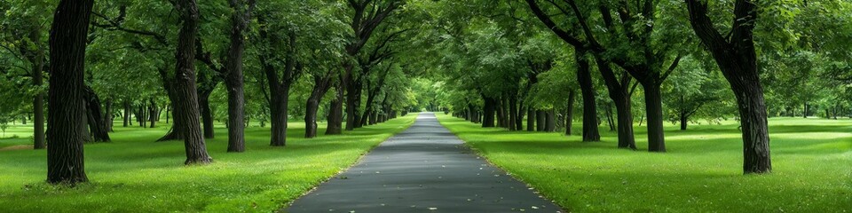 Fototapeta premium long empty running trail in park with aligned trees and calm vibe
