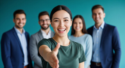 Diverse business team smiling and ready to collaborate with a leader extending a handshake to welcome new opportunities