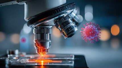 Biochemist studying biological sample under microscope for scientific research, diagnostics, or medical discovery