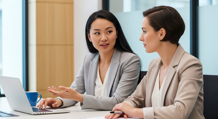 Obraz premium Two women in business suits at a table with a laptop actively discussing and gesturing during a work meeting