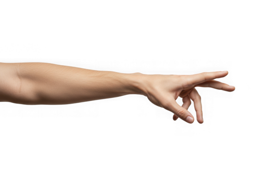 Isolated hand extending fingers against a dark background on transparent background