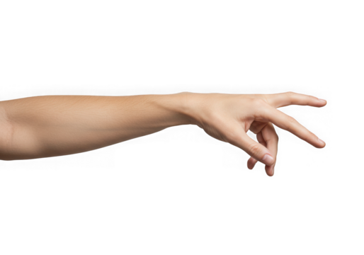A human hand reaching down with fingers extended on display on transparent background