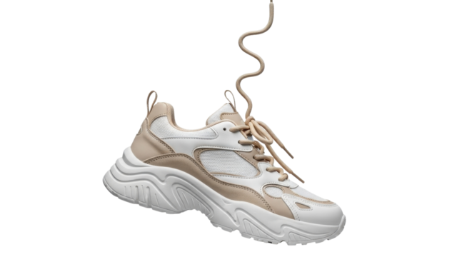 Fashionable platform sneaker levitating with its shoelaces in the air isolated PNG with Transparent Background