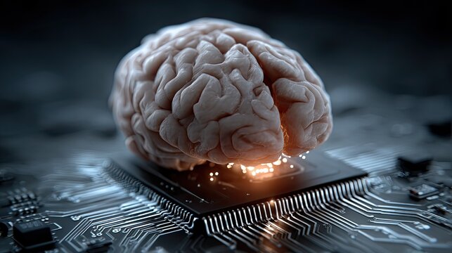 Brain chip integration function showing neural interface, human-machine enhancement, and futuristic technology