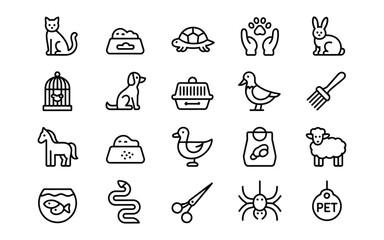 Pet Shop & Animal Care Line Icons: Cat, Dog, Rabbit, Bird, Fish, Grooming & Food Vector Set
