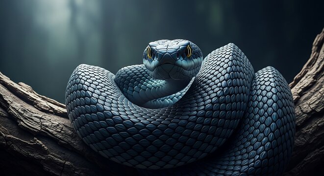 Detailed portrait of a blue snake with yellow eyes coiled and ready