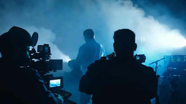 Film Crew Filming Live Performance in Smoky Blue Light