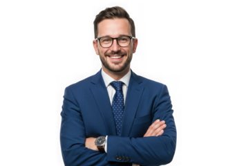Man in blue suit with glasses smiling with arms crossed on transparent background