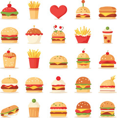 Assorted flat illustration of burgers fries drinks and hearts design elements