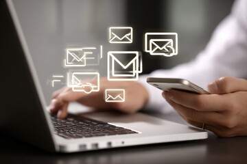 Hands on laptop and phone with email icons hovering