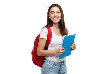 Happy young woman student with backpack and notebook isolated on transparent background