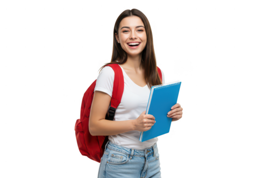 Happy young woman student with backpack and notebook isolated on transparent background