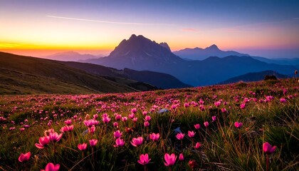 Pink Flowers Blooming in Mountain Meadow at Sunset