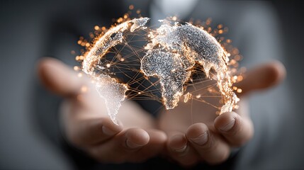 Businessman presenting global network illustration representing international markets, data flow, and digital reach