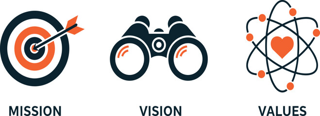 Vision, mission and values editable stroke outline icons set isolated on white background flat vector illustration