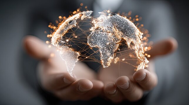 Businessman presenting global network illustration representing international markets, data flow, and digital reach