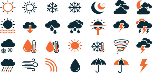 Weather and meteorology editable stroke outline icons set isolated on white background flat vector illustration.