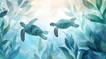 Serene underwater scene with two sea turtles swimming gracefully. A gentle watercolor illustration capturing the tranquil beauty of ocean life.