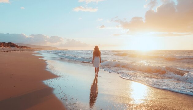 Independent Woman Walking on Beach at Sunset