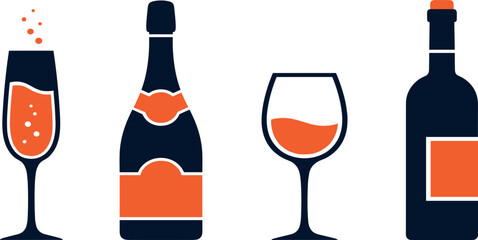 Wine glass and bottles editable stroke outline icons set isolated on white background flat vector illustration.