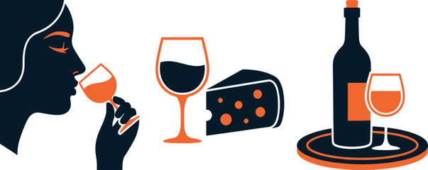 Wine tasting, sommelier, serving tray and cheese editable stroke outline icons set isolated on white background flat vector illustration. 