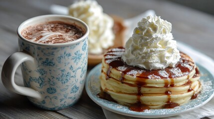 Pancakes with whipped cream and hot chocolate