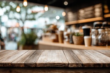 Wooden cafe table top, blurred background