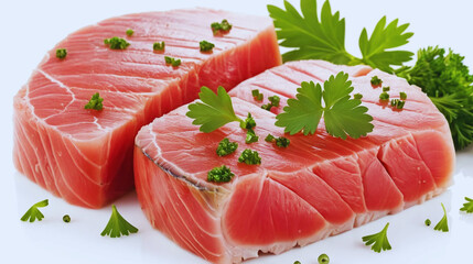 Chef’s Selection: Fresh Tuna Steaks with Parsley Garnish – Fine Dining Seafood Presentation for Culinary Art and Recipe Design.