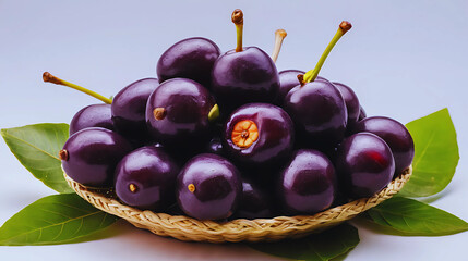 Fresh Syzygium Cumini (Jamun) Fruit Isolated on White Background – Indian Black Plum Also Known as Java Plum, Kala Jamun, or Jambolan for Ayurvedic and Culinary Use.