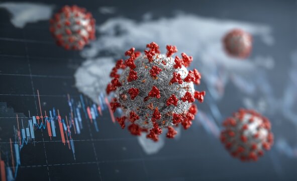 Virus over world map, financial charts