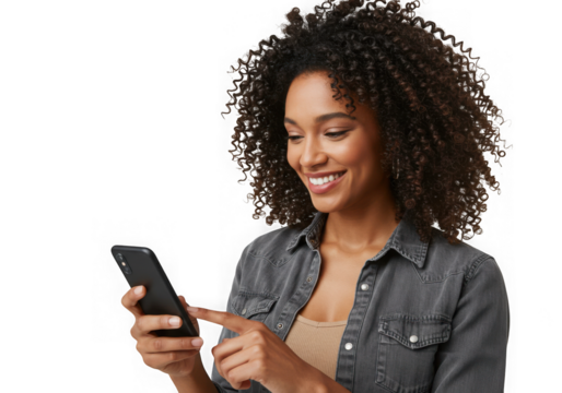 Woman with curly hair is smiling while using her smartphone on transparent background