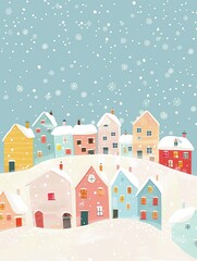 Peaceful snowy postcard of traditional village with Christmas lights and decor