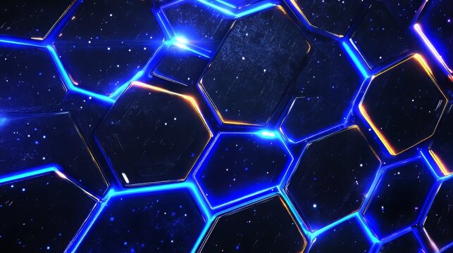Futuristic Abstract Network with Hexagonal Structure and Blue Neon Lights in 3D Design Rendering - Powered by Adobe