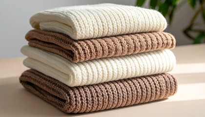 Stack of beige and brown knitted sweaters on a light beige surface