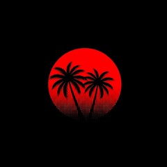 Fototapeta premium Retro Palm Tree Silhouette with Red Sunset Background and Halftone Texture on a Black Backdrop