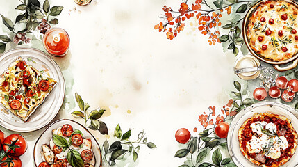 Festive Italian Food Watercolor Illustration with Cherry Tomatoes, Basil and Plants, Creating a Vibrant and Appealing Visual Feast