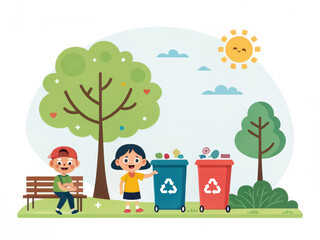 Zero waste. Children engaging in recycling amidst a vibrant park setting with trees and sunny weather.
