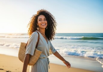 Joyful woman with curly hair strolling on a sunny beach with ocean waves and straw bag