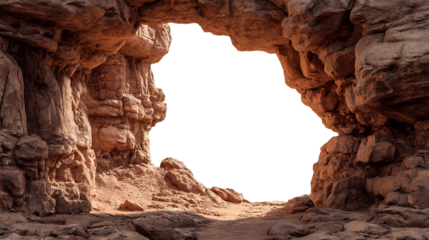 View from inside a rocky cave looking through a natural arch to transparent background