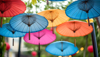 Colorful Paper Parasols Hanging As A Decorative Display