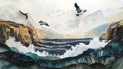A dramatic mixed media artwork of Atlantic puffins flying over a stormy ocean, with crashing waves against rugged cliffs in a coastal landscape.