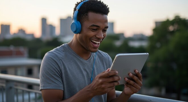 Smiling young man enjoys tablet on urban rooftop.