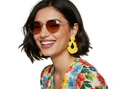 Woman smiling wearing sunglasses and yellow flower earrings on transparent background
