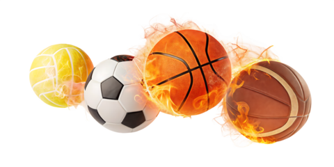    fiery sports balls collection  element isolated on white background PNG, AI GENERATED