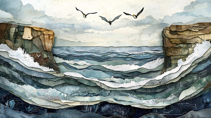 A dramatic watercolor illustration of a stormy ocean with powerful waves crashing against rugged coastal cliffs. Birds soar above the turbulent sea, a concept of freedom and nature's power.